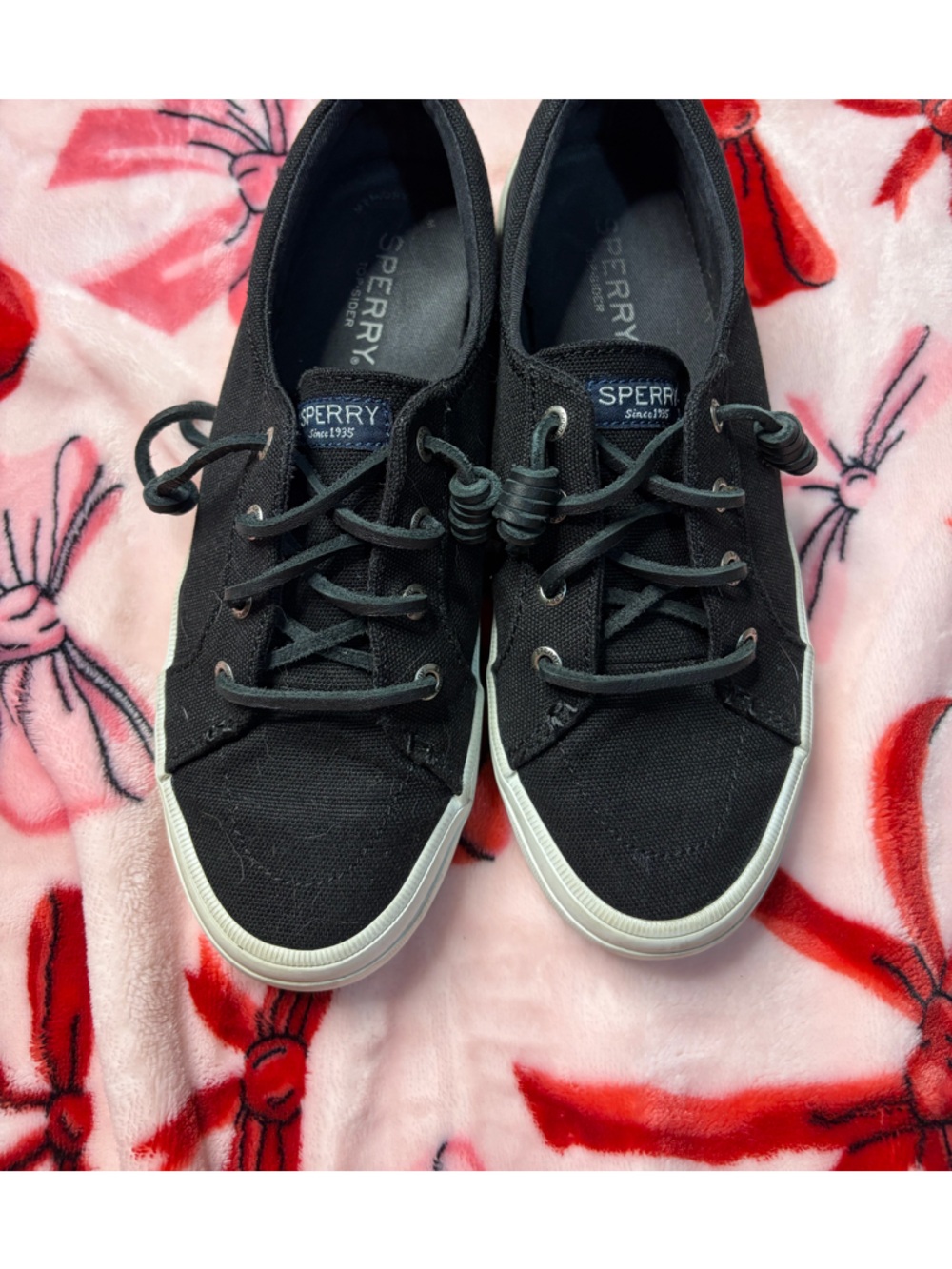 Sperry Black Canvas Women’s Lace-Up Boat Shoes with White Sole